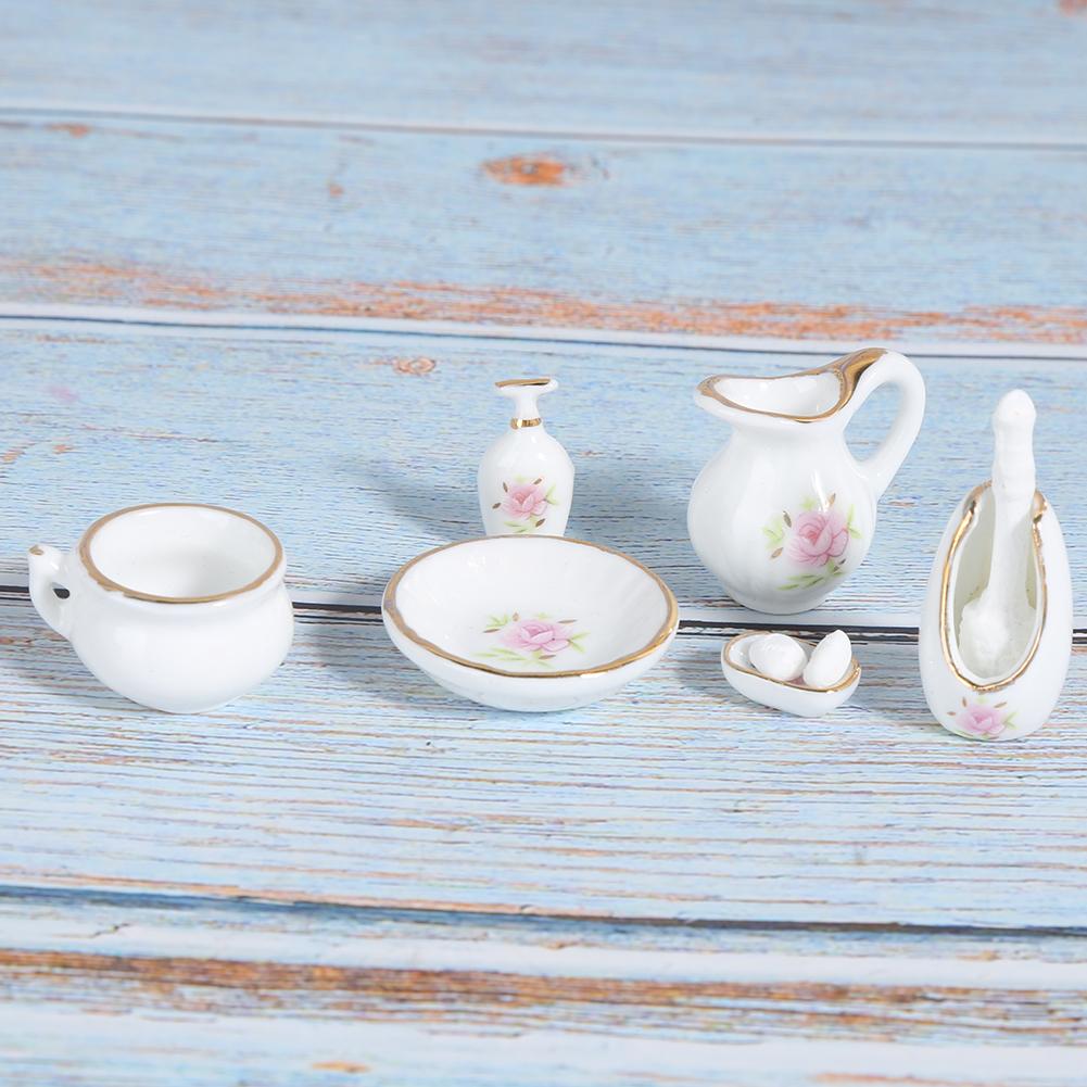 8Pcs 1:12 Miniature DIY Dollhouse Furniture Component Accessories Rose Bathroom PorcelainRose