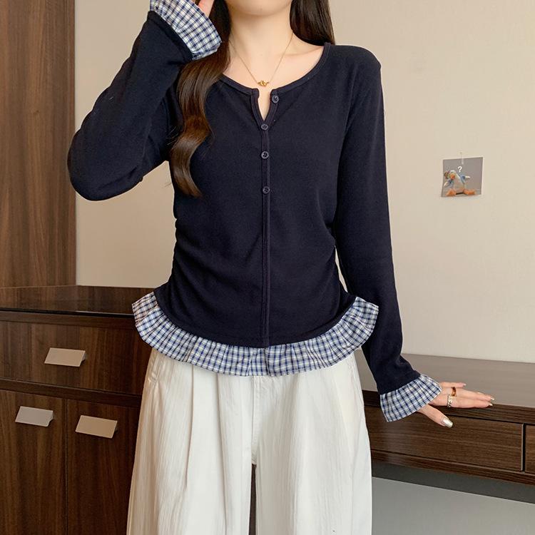 

Plus Size Korean Style Color Block Plaid Patchwork Long Sleeve Top XL королівський синій колір