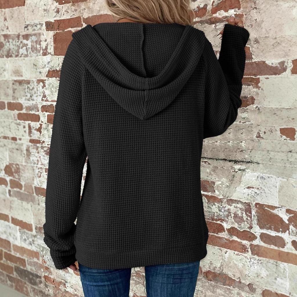 2025 Women's Waffle Knit Hooded Sweatshirt - Autumn/Winter Casual Long Sleeve with Drawstring