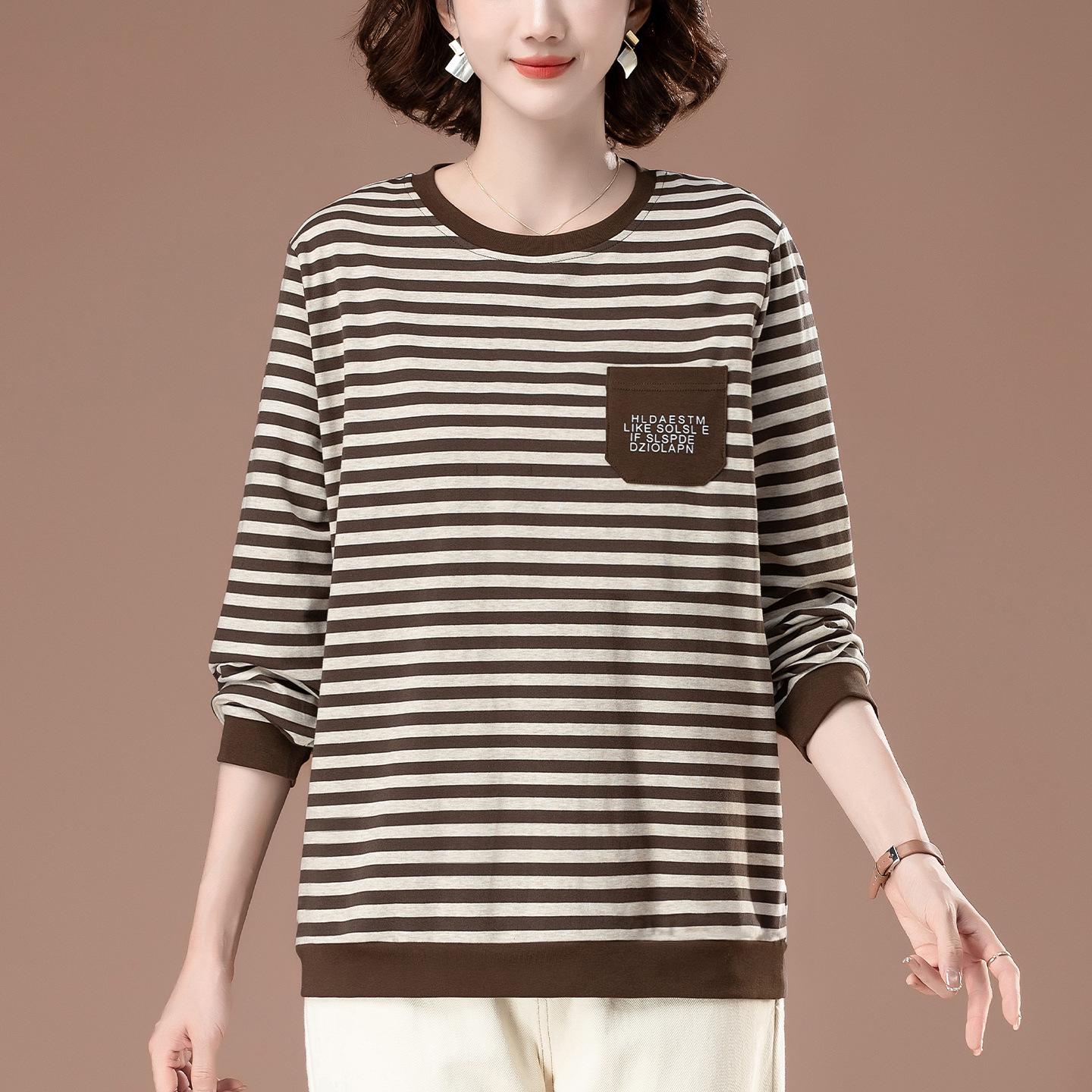 

Женская полосатая футболка с длинным рукавом и круглым вырезом больших размеров - Весенне-осенняя модель свободного кроя для мам 5XL