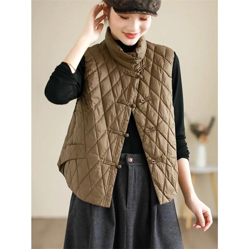 Autumn and Winter Vest for Women Retro  Lightweight Down Cotton Jacket Women Warm Top Padded Puffer Vests  Solid Sleeveless Jackets Casual Parkas