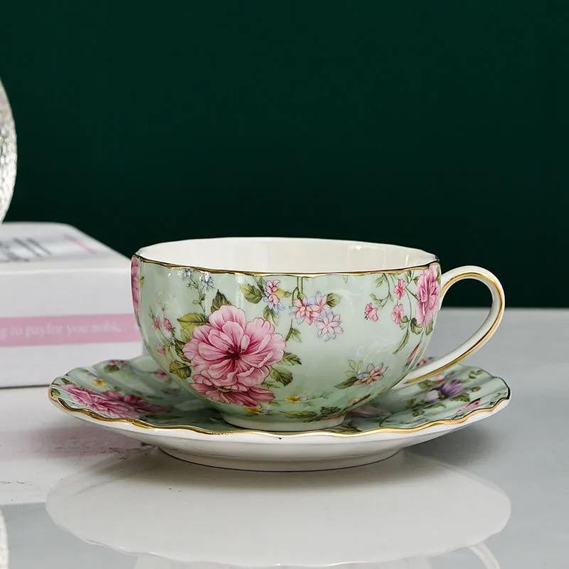 European Bone China Coffee Cup Set – Porcelain Cup, Saucer & Spoon Flowers Tea Set