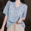 Yellow V Neck Half Sleeve Polka Dot Embroidered Linen Blouse for Women