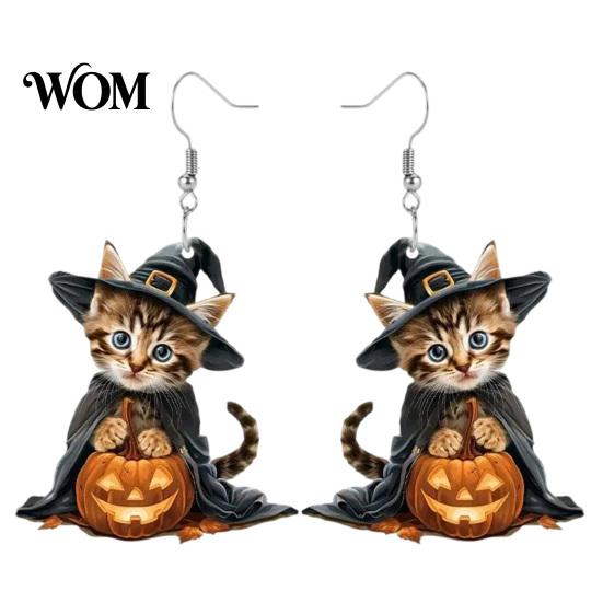 Curved Ear Hooks 1 Pair Halloween Witch Cat Earrings for Women, Acrylic Cute Anti-rust Metal Kitten Dangle Drop with Pumpkin, Party Costume