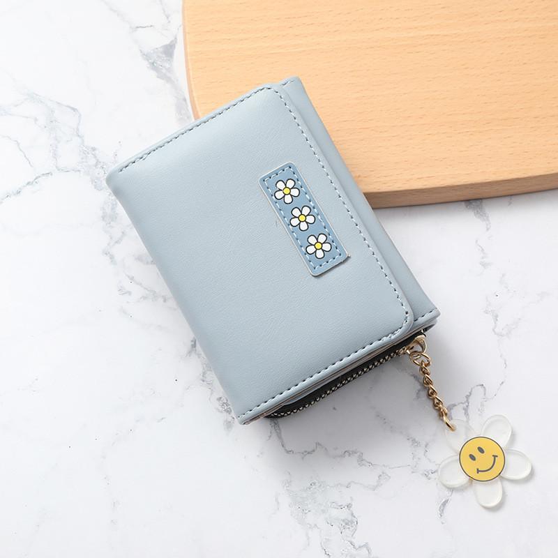 Модный женский короткий кошелек в корейском стиле, мягкая ПУ-кожа, милый цветочный узор, кошелек для монет большой емкости синий