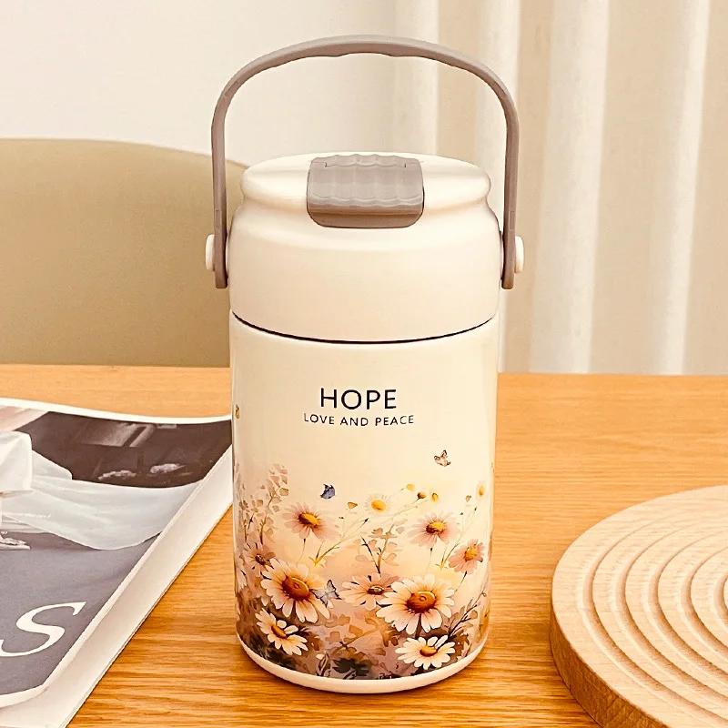 

550/750 мл Високоестетична Ізольована Пляшка з Нержавіючої Сталі Соломинка Чашка для Квіткового Чаю Студентська Чашка для Води Термос для Розділення Чаю 550ml