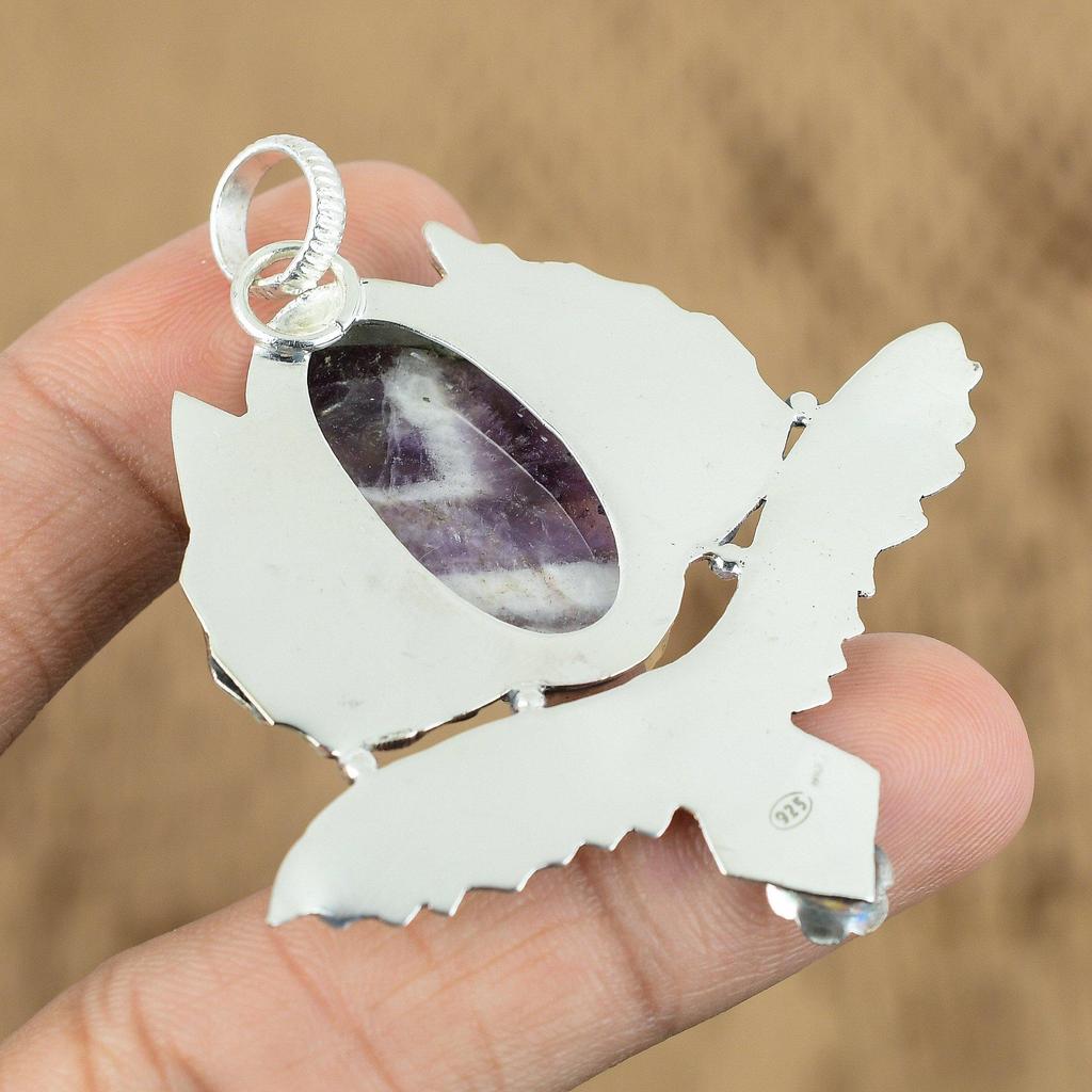 Gift For Her 925 Sterling Silver Natural Chevron Amethyst Gemstone Pendant Owl