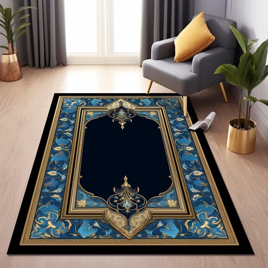 

Исламский ковер для гостиной, синий, роскошный декоративный домашний ковер для спальни, мягкий, пушистый фланелевый ковер, противоскользящий, большой молитвенный коврик 60x90cm door mat