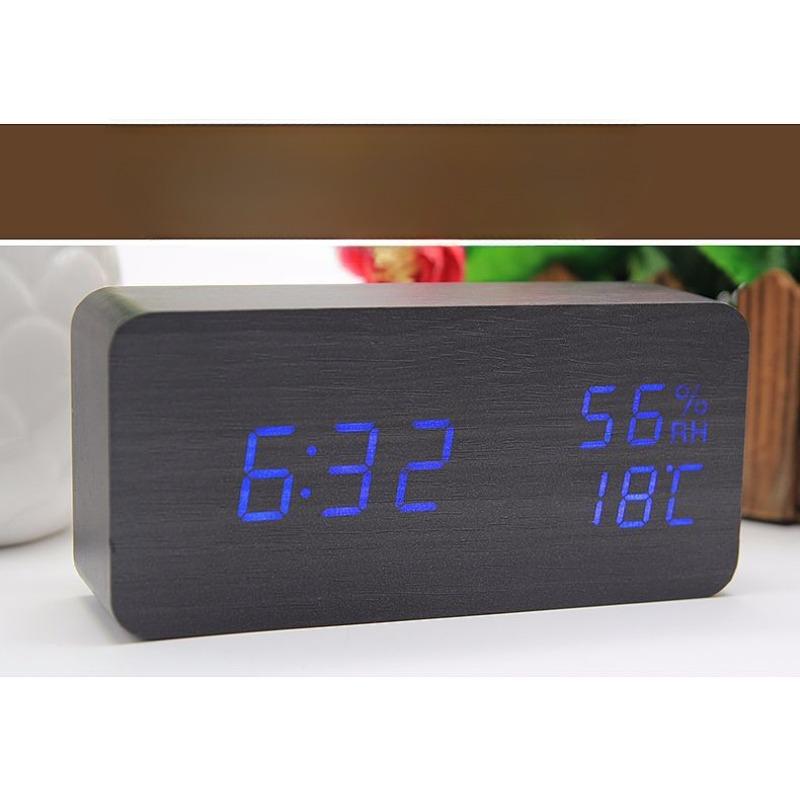 Rectangular Home Bedroom Electronic Temperature and Humidity Alarm Clock USB Voice Control LED Brightness Adjustment Digital Wood Clock