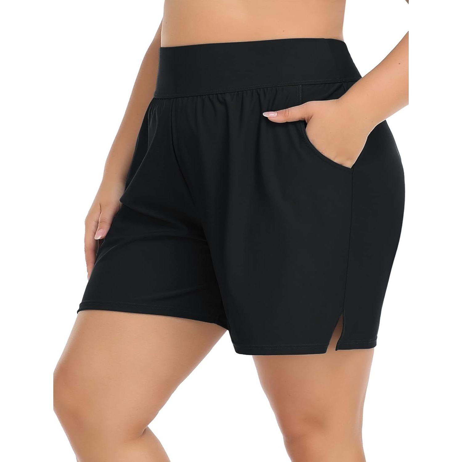 

Charmleaks Большие размеры Шорты для плавания для женщин с высокой талией Шорты для серфинга Танкини Купальник Нижняя часть с карманами 3X чёрный