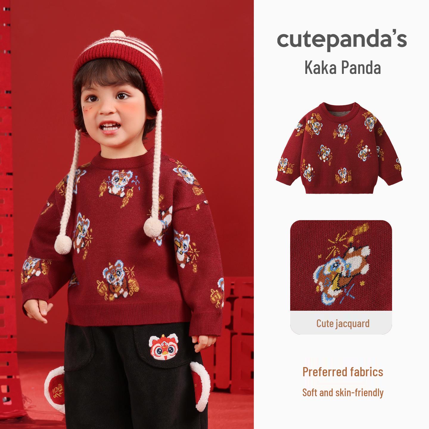 

Kaka Panda Children s New Year Outfit: Boys Round Neck Sweater & Girls Winter Clothes for Toddlers - Trendy & Festive. 90 cm