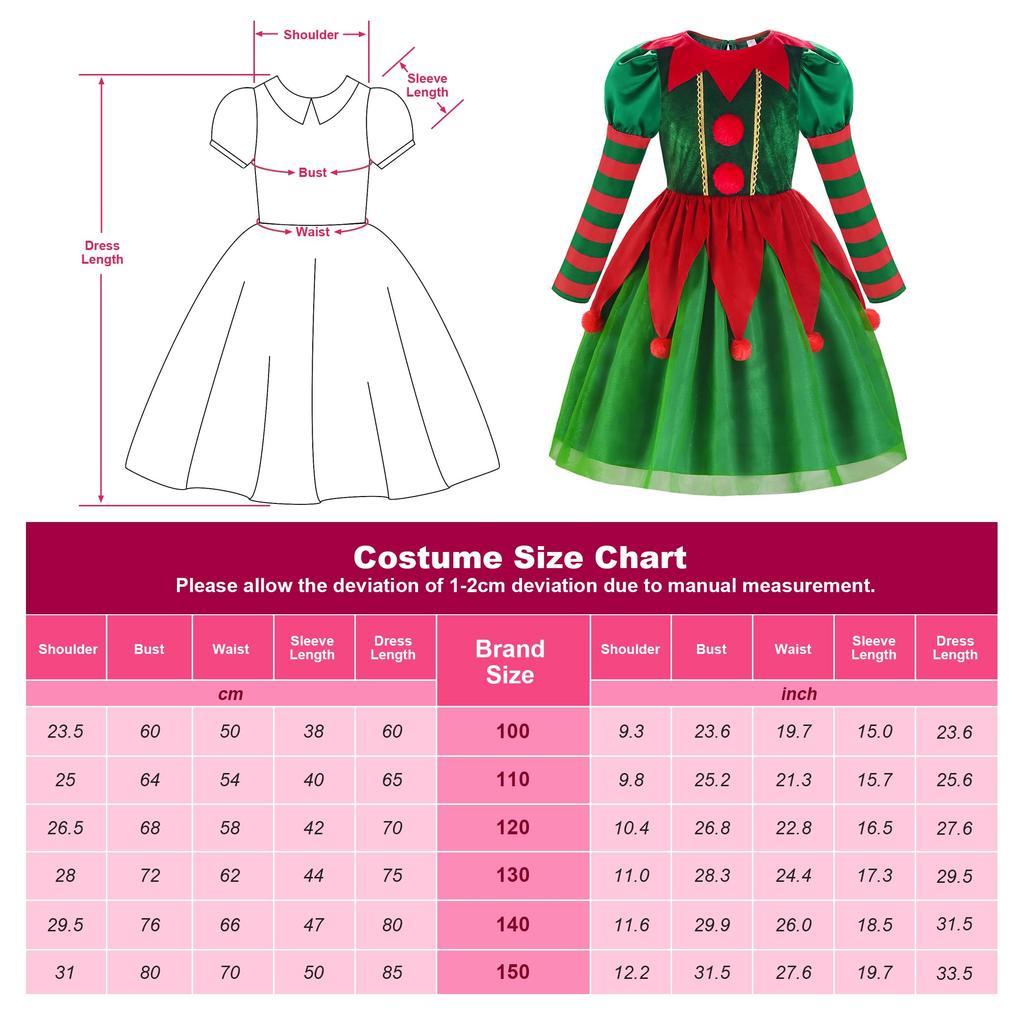 ReliBeauty Santa Dress for Christmas Elf Hat and Socks Size 120 Girls, Costume, Cosplay, Set, Red/Green,