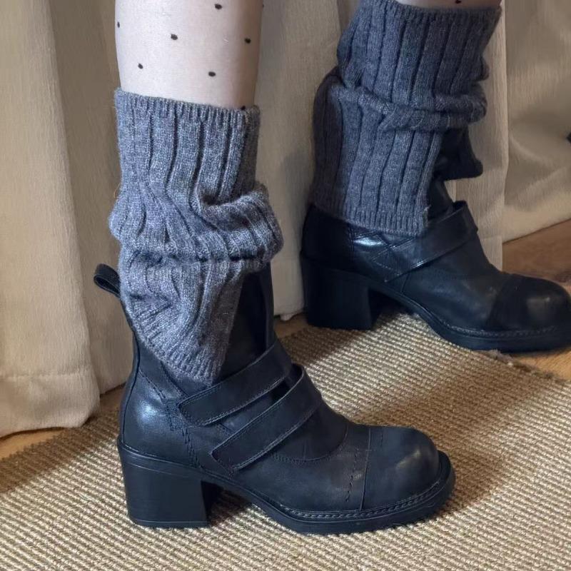 Sheepskin Version ~ Retro High-heeled Boots Women's New Versatile Pleated Velcro Thick-heeled Western Martin Boots Skinny Boots