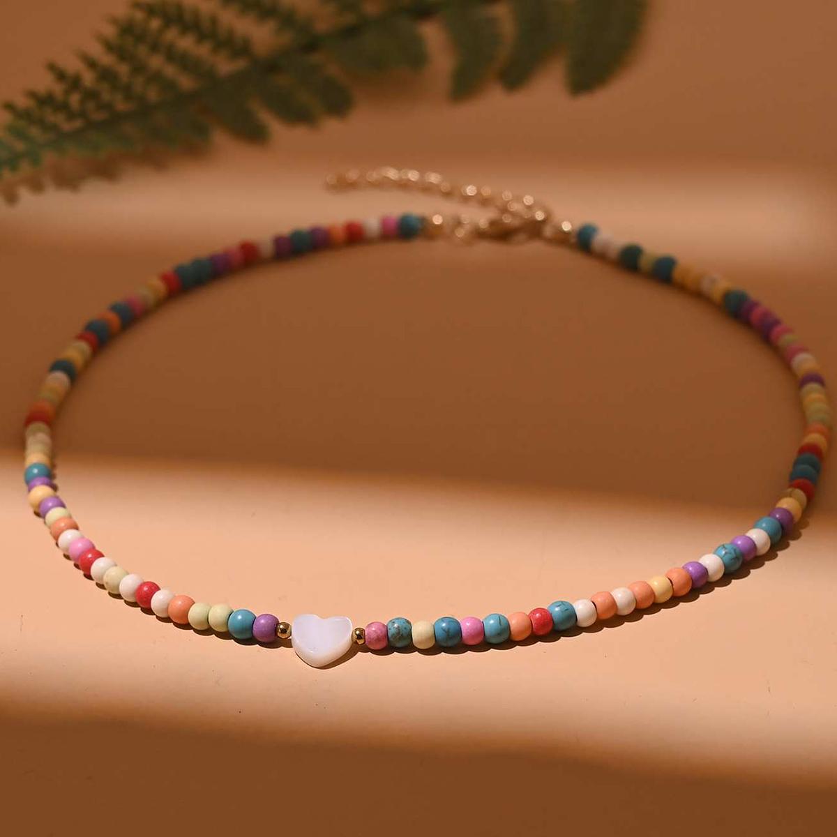 

Candy Color Necklace Mixed Color Imitation Turquoise Shell Heart-shaped Collarbone Chain Necklace Beads Color IS Random