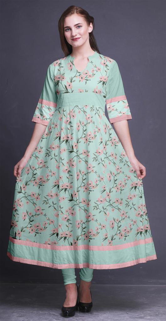 Bimba Gold Leaves & Peony Floral Printed Womens AnarkaliA  KurtiA  Kurta Flared Maxi Blouse