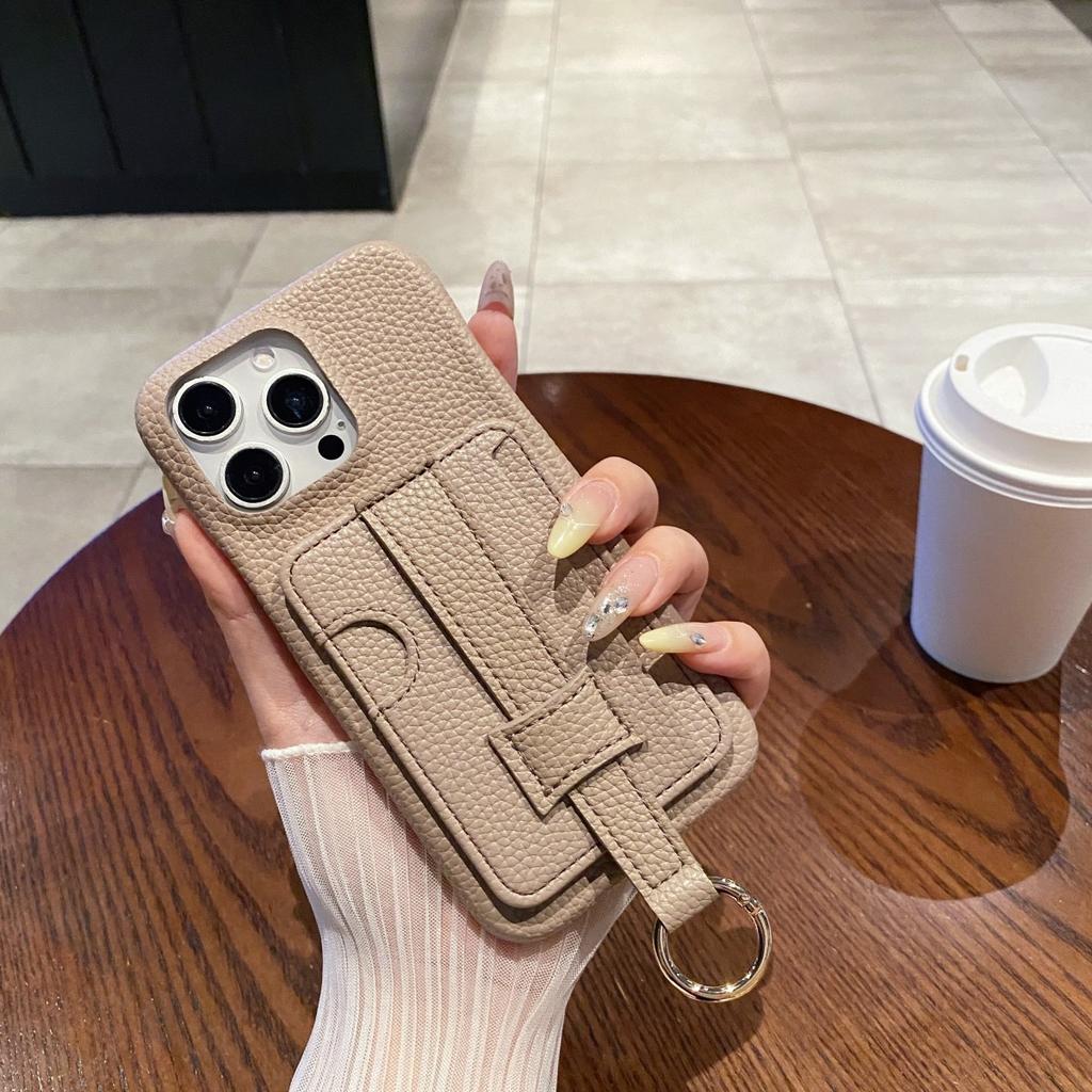 Luxury Litchi Pattern PU Leather Wallet Case For iPhone 16 15 14 Plus 13 12 11 Pro Max Gray Card Holder Wrist Strap Cover