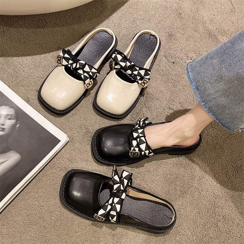 Retro British Style Muller Shoes Women's 2025 New Flat-bottomed Versatile Cute Bow Temperament Bag Head Half Slippers Tide