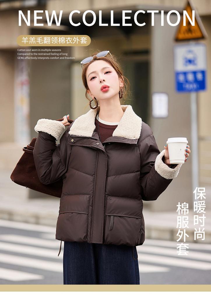 Short lamb wool lapel cotton clothes for women's winter new loose foreign style thickened warm cotton coat