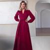 2025 European & American Women's Slim French V-Neck Long Dress with Tie-Up, Slit, and Long Sleeves