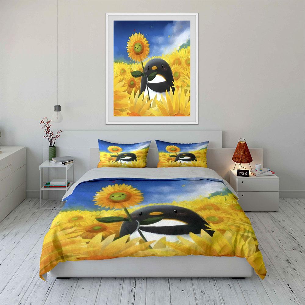 Penguin Sunflower Decor Set Soft Comfortable Duvet Cover Bedding Set Included 1*Duvet Cover & 2*Pillowcases, Gift