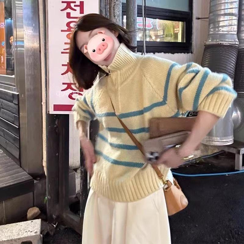 

Korean Style Contrast Color Stripes Half Zipper and Lapel Sweater Female Autumn and Winter Milk Fufu Idle Style Turtleneck Knitwear Tops Cream yellow S