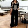 Holiday Style V-neck Loose 1D Printed Top Wide-leg Pants Two-piece Set Women's Clothing European and American Fashion Suit