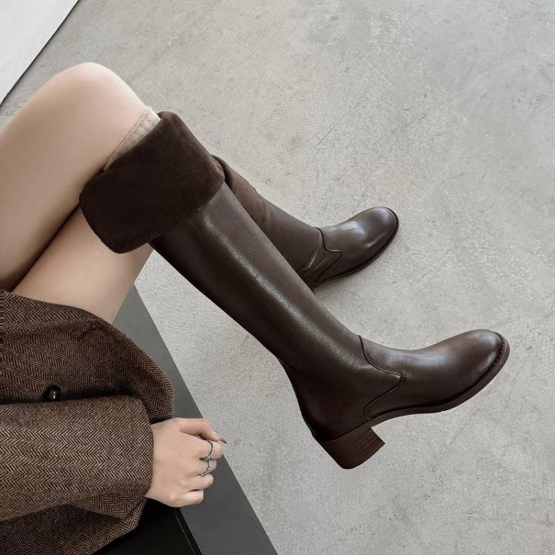 Autumn and Winter Women's Leather Boots Round Head Versatile Large Size Women's Boots Middle Heel Sleeve Square Heel Cowhide New Leather High Boots