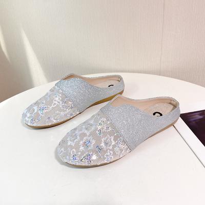 Fashion Spring New Baotou Slippers Women's Fashion Round Head Deep Mouth Splicing Sequin Cloth Soft Soled Non-slip Flat Shoes