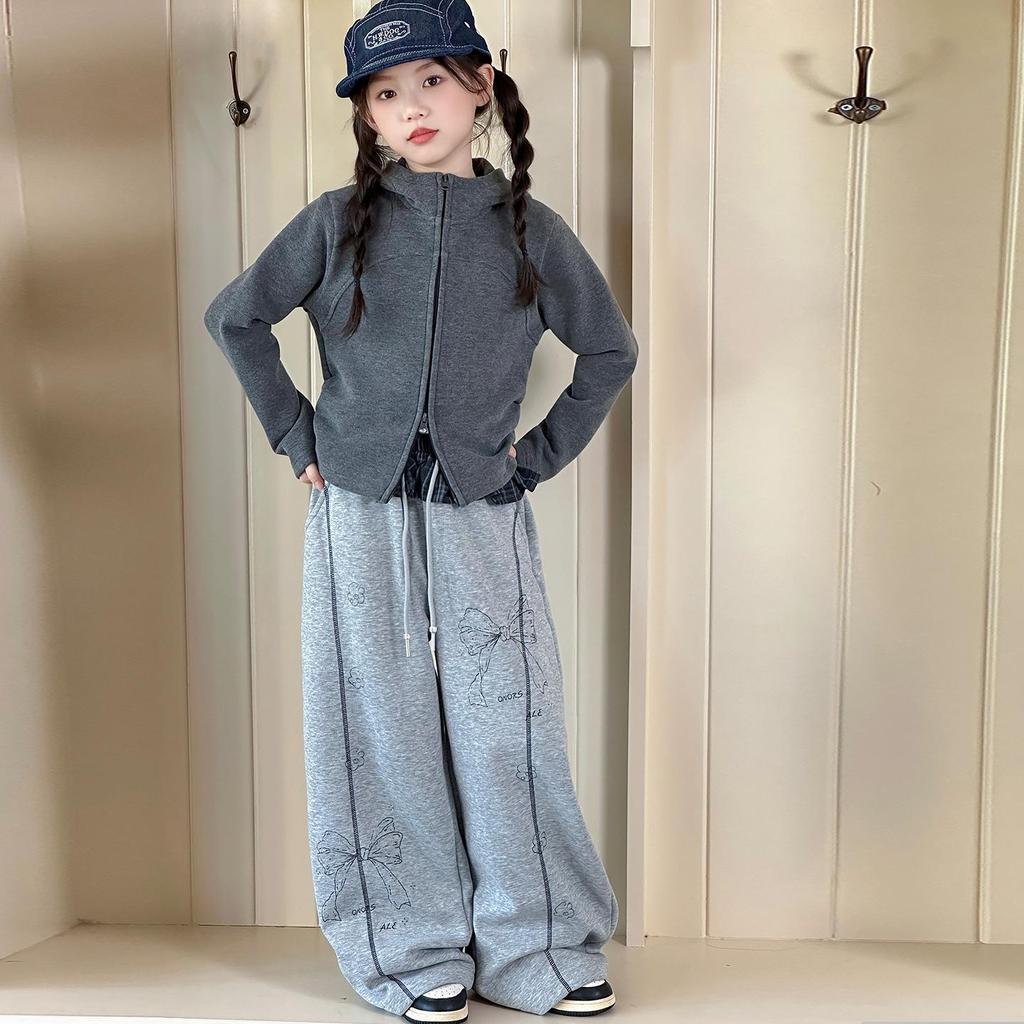 2025 Girls' Spring/Autumn Cardigan & Wide-Leg Pants Set - Hooded Casual Two-Piece Outfit