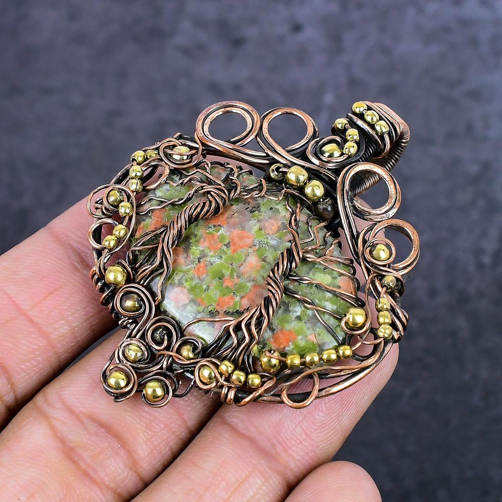 Unakite Gemstone Handmade Copper Wire Wrap Jewelry Pendant 2.48" ET-4935