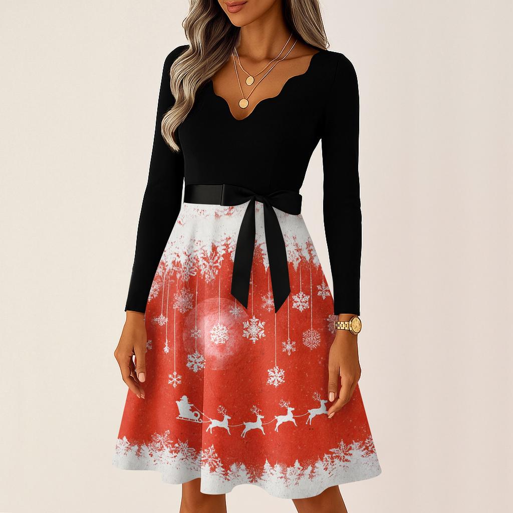 Abiti Lunghi Vintage Casual da Donna alla Moda a Maniche Lunghe con Stampa Grafica Natalizia