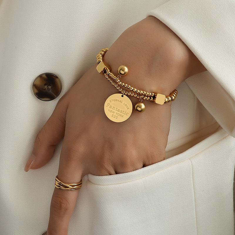 Korean Titanium Steel Gold-Plated Double Layer Bead Love Pendant Elastic Bracelet E118, European  American Style