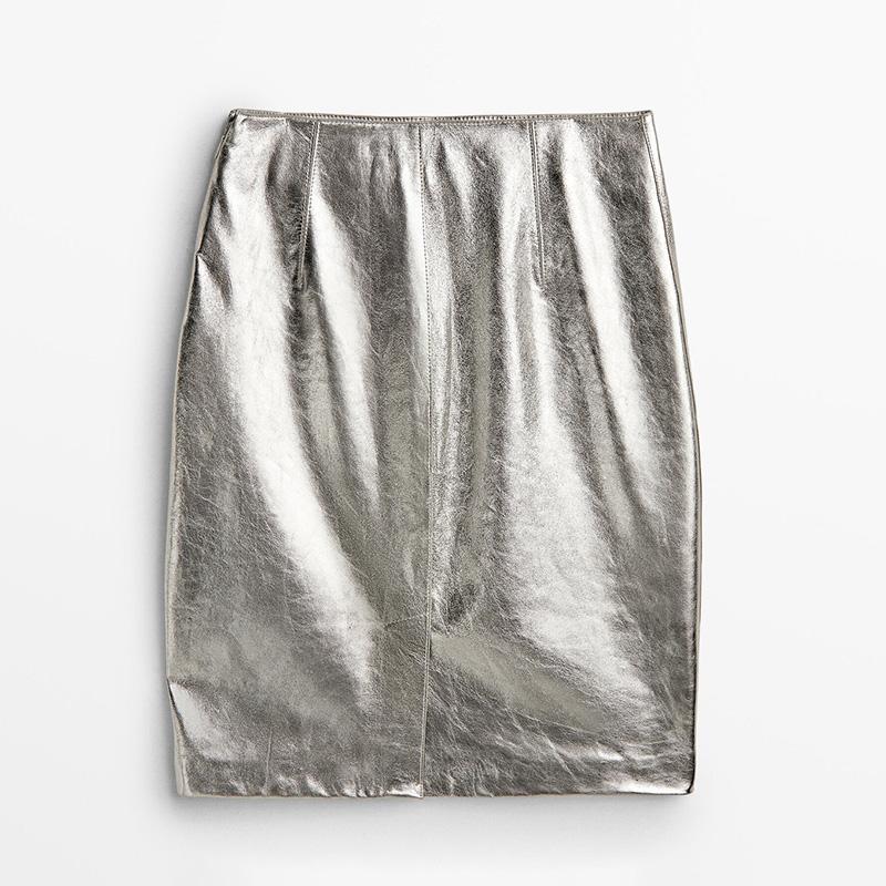 Lady Luxury Leather Skirt Silver Women Skirt Short 2023 Spring Autumn Mini Dress Genuine Sheepskin TF5327