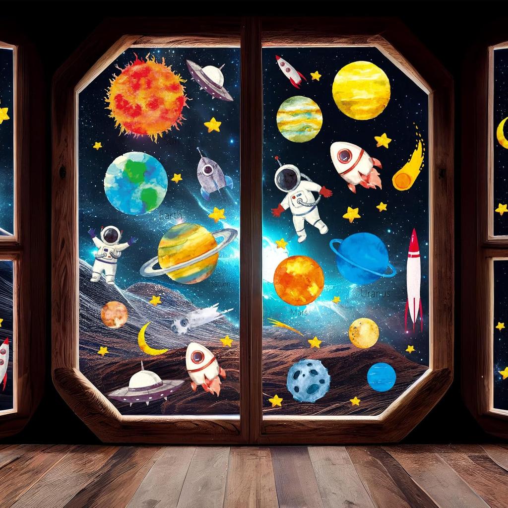 Whaline 6 Sheet Outer Space Window Clings Space Astronaut Spacecraft Rockets Solar System Window Stickers Out of Window Decals for Bedroom Nursery