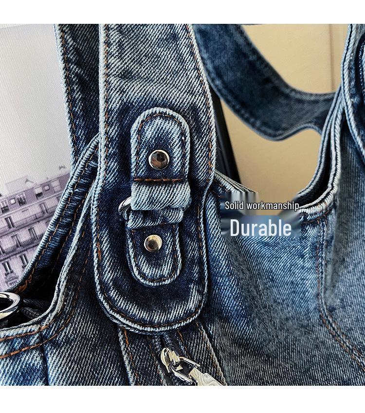 Large Vintage Denim Tote Bag - Casual Single Shoulder and Crossbody Versatile Style