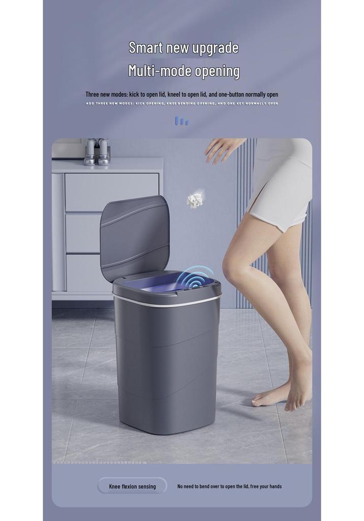 2026 Smart Sensor Trash Can: 14L with Blue Light Night Light, Press Ring Flip Lid & Spiral Pattern.