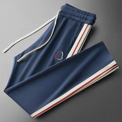 "Men's European Luxury Embroidered Sweatpants with Contrast Ribbon - Spring/Summer Fashion, Lightweight, Straight-Fit, Casual Sportswear"