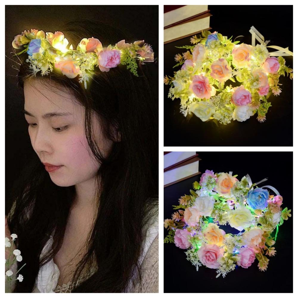 Glowing Flower Crown Hairband Simulation Rose Flower LED Light Garland Wreath Headband  Bar