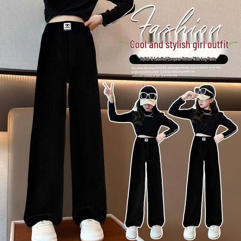 2025 Dívčí kalhoty se širokými nohavicemi podšité fleecem - Módní podzimní/zimní ležérní oblečení pro střední a velké děti