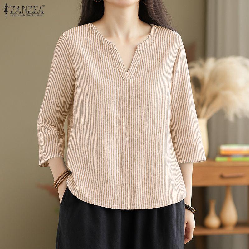 ZANZEA Lässige Bluse mit V-Ausschnitt und 3/4-Ärmeln für Damen