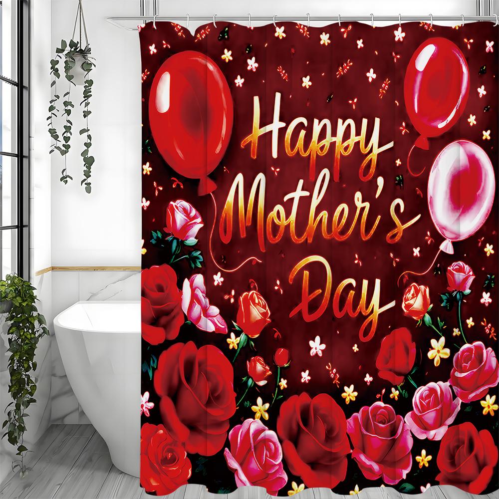 Mother's Day Red Floral Rose Balloon Shower Curtain, Bathroom Decorative Shower Curtain, Waterproof Shower Curtain with Hooks
