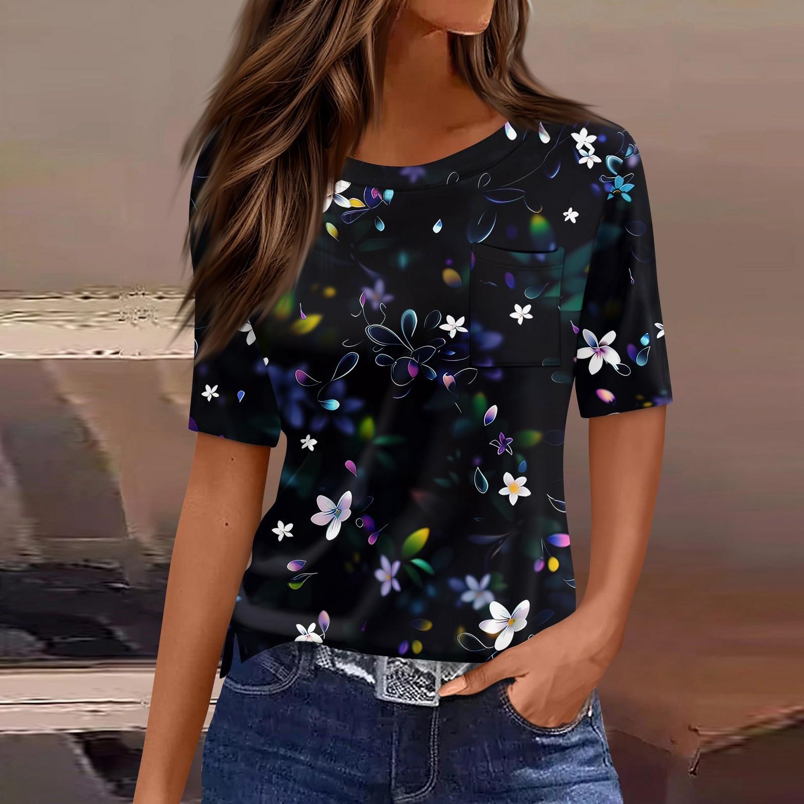 

Футболки для женщин с круглым вырезом, нарядные повседневные блузки с принтом, короткие рукава, летние топы свободного кроя XL чёрный