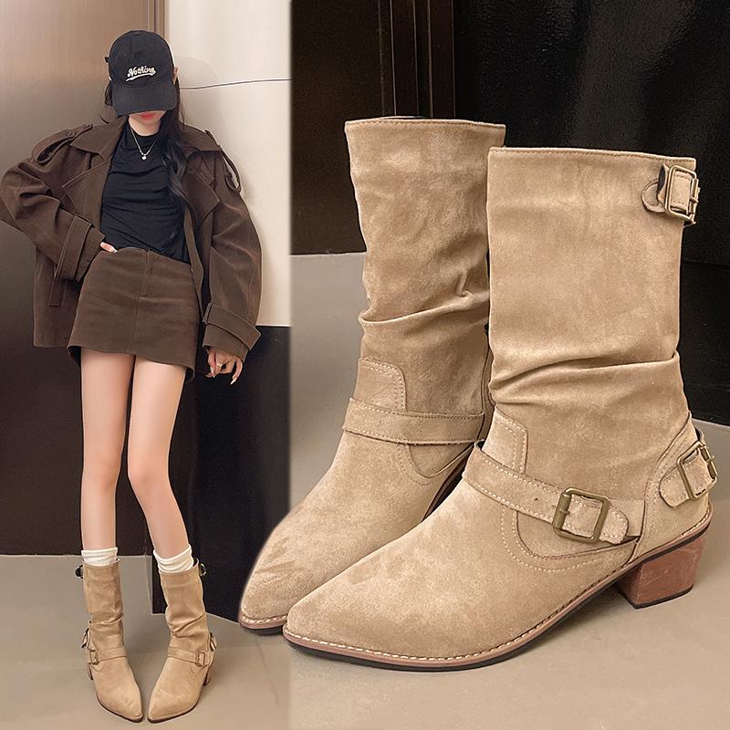 Fashion New Style Women's Boots Vintage Pointed Toe Block Heel Plus Size Metal Belt Buckle Skinny Thigh Boots Scrub Leather Tall Boots