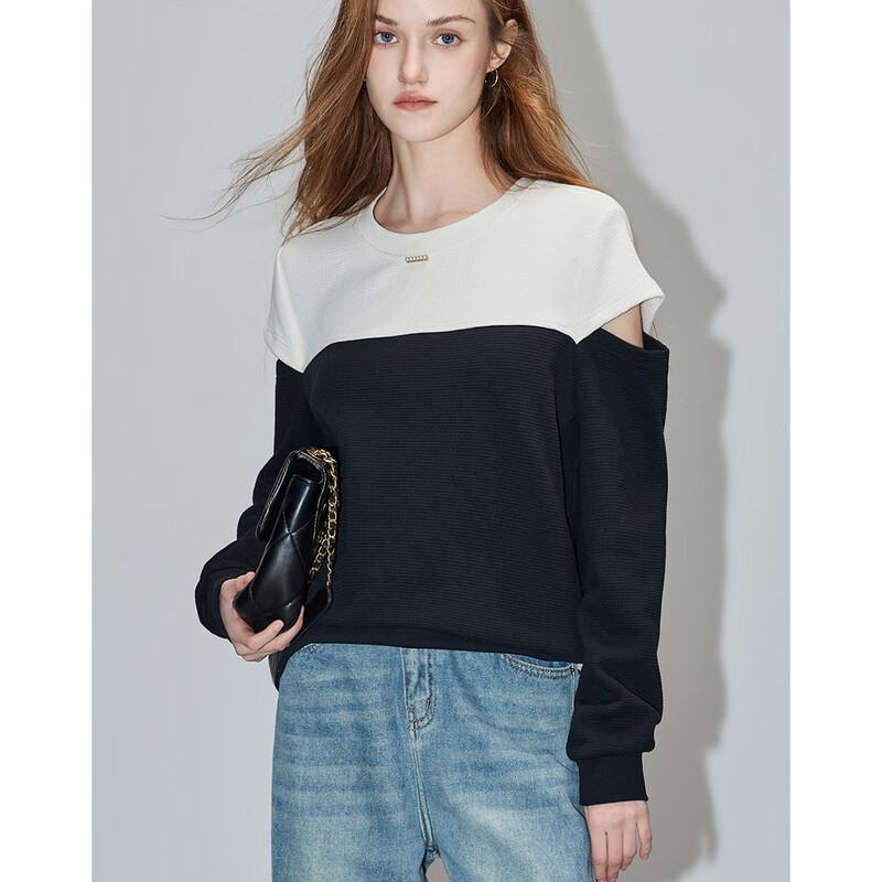 Demana French Style Waffle Knit Patchwork Off-Shoulder Sweatshirt