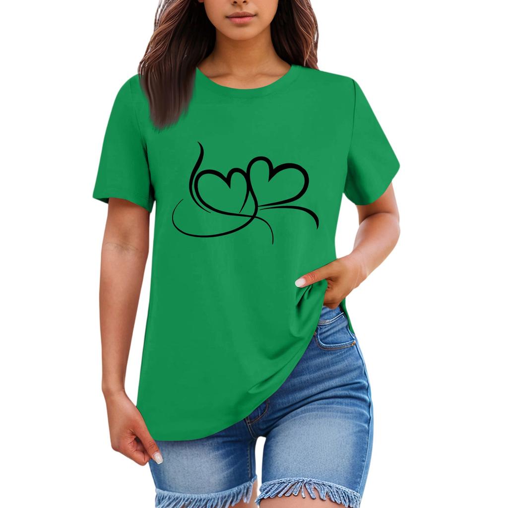 Ladies' Loose Comfortable Casual Fashionable  Heart Pattern Printed Round Neck Short Sleeved Shirt