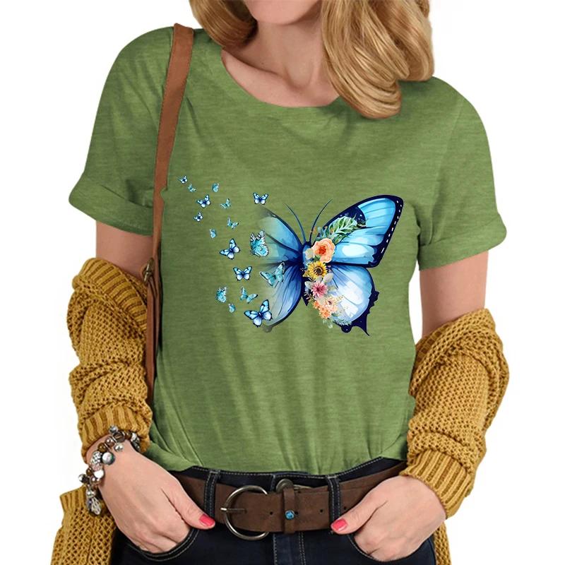 Flower Butterfly Lover Casual Tops Vintage Flower Design Tshirt Female Butterfly Print Premium Casual Short Sleeve TShirt Women