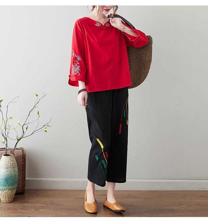 Women's Retro Chinese Buttoned Embroidered Shirt, Cotton-Linen, Loose Fit, Three-Quarter Sleeves