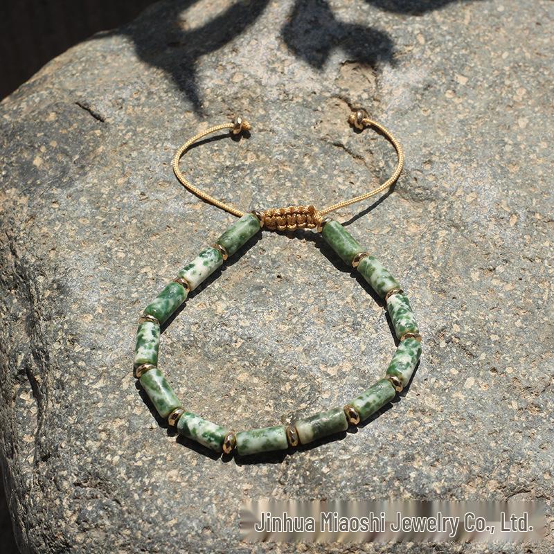 Bohemian Retro Green Agate Bamboo Bracelet - Adjustable and Woven Design