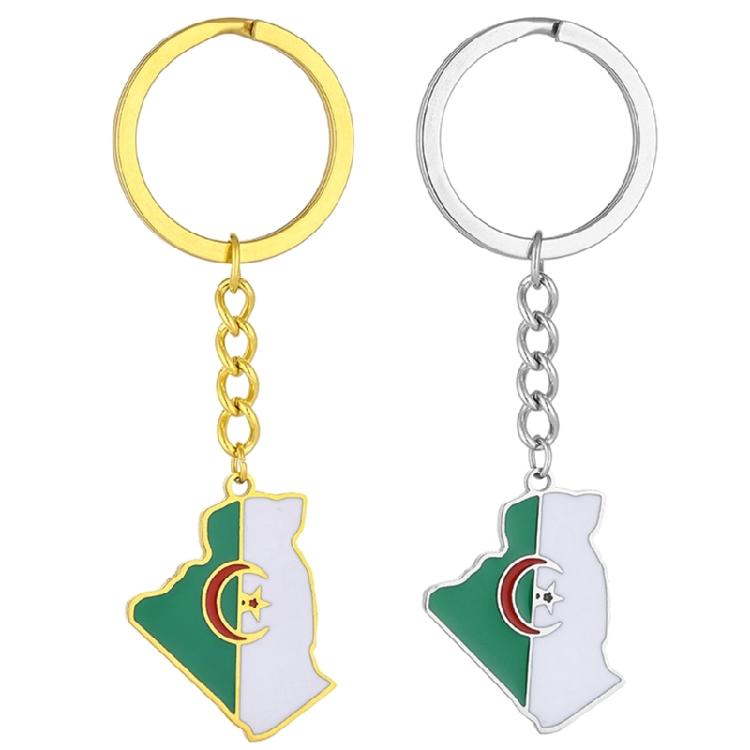 Stainless Steel Algeria Map Flag Keychain Outline Jewelry Gift for Friend Family