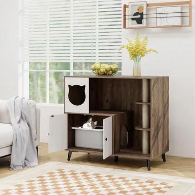 GIANTEX Cat Litter Cabinet with Sisal Scratching Post, Hideaway and Side Entrance